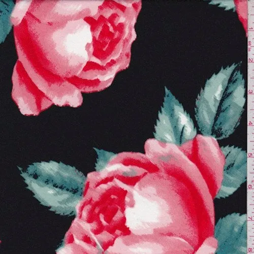 1 1/8 YD PC-Black/Red Rose Double Brushed Jersey Knit Fabric