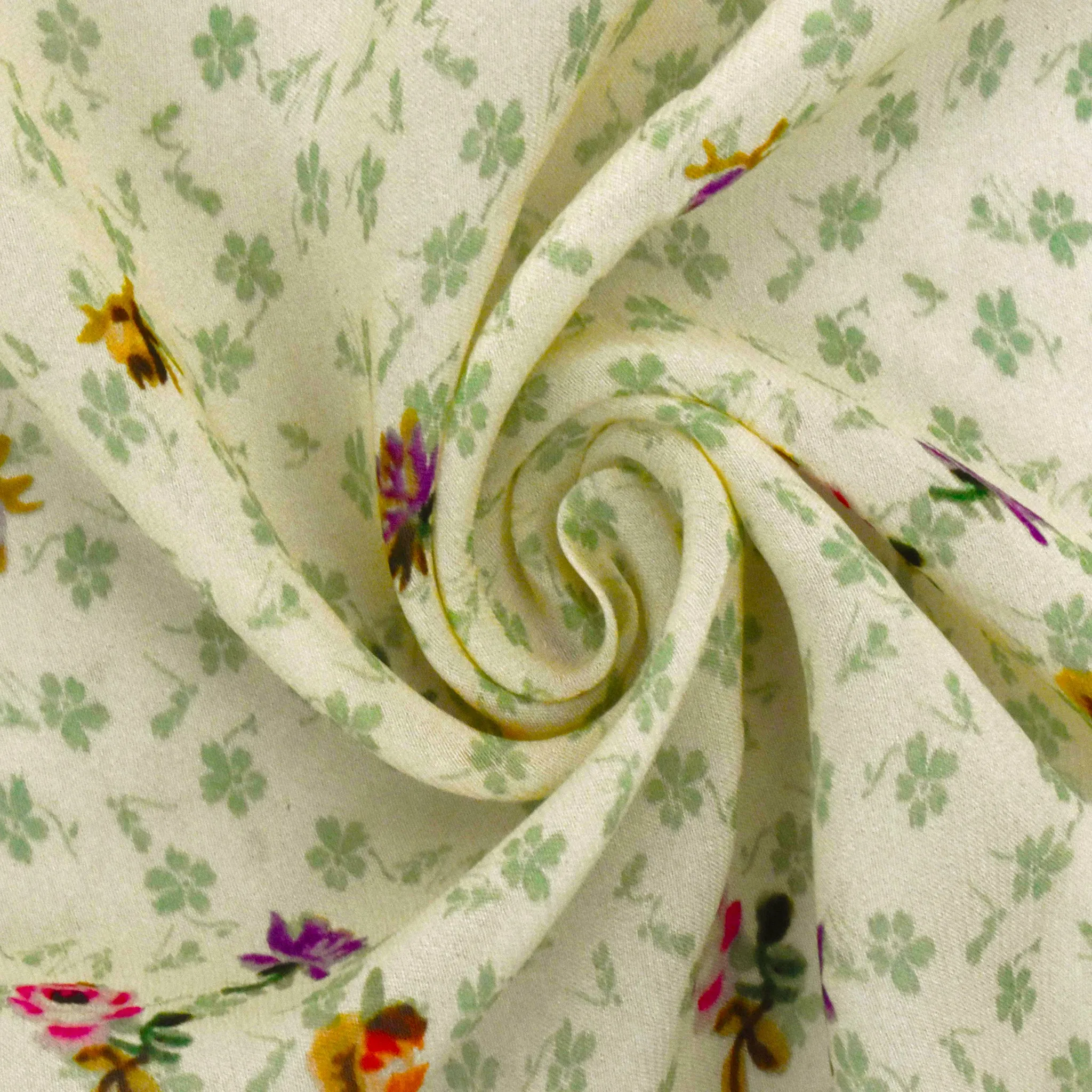 Beige-Green-Multi Famous Designer Floral Printed Viscose Chiffon Fabric