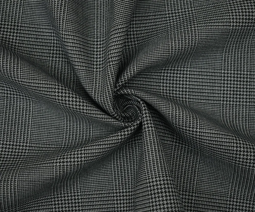 Black-Gray Wool Polyester Glen Plaid Suiting Woven Fabric