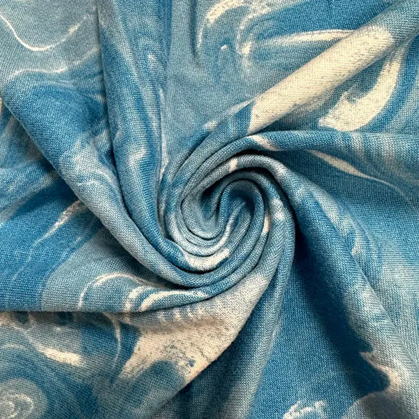 Blue and White Marbled Print Double Brushed Jersey Knit Fabric