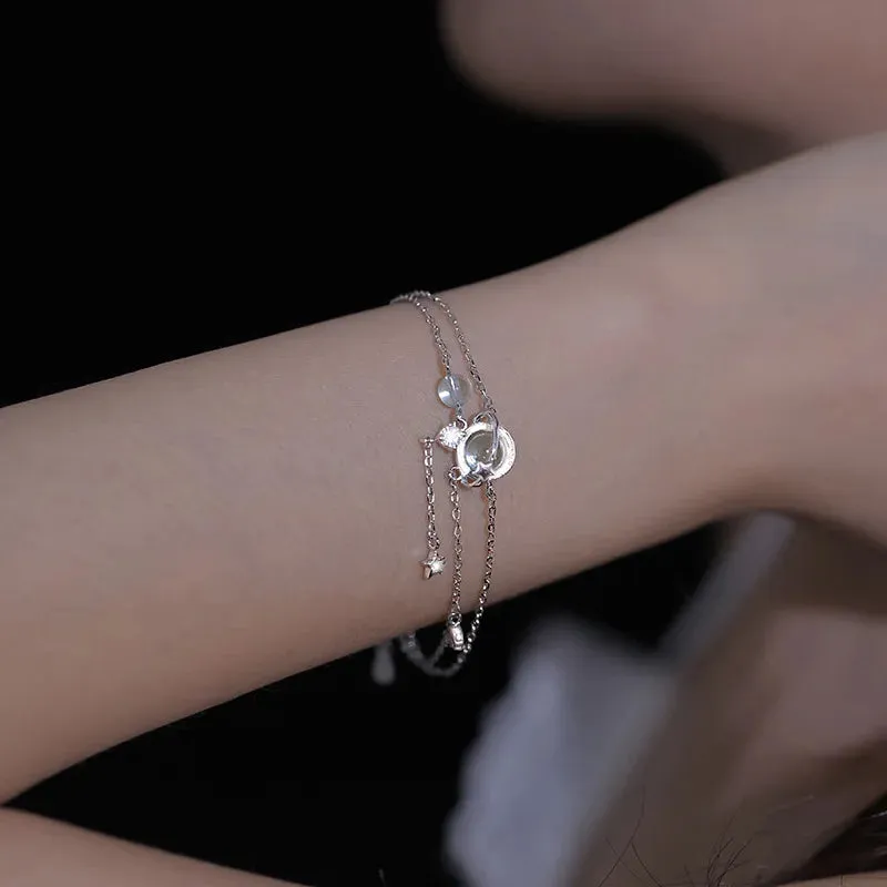 Bracelet Charm Jewelry - Double Layers Planet, Star Clear CZ - TSJ114