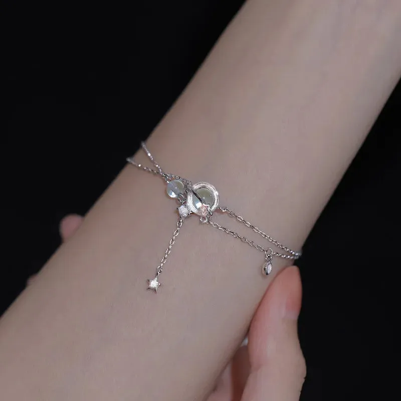 Bracelet Charm Jewelry - Double Layers Planet, Star Clear CZ - TSJ114