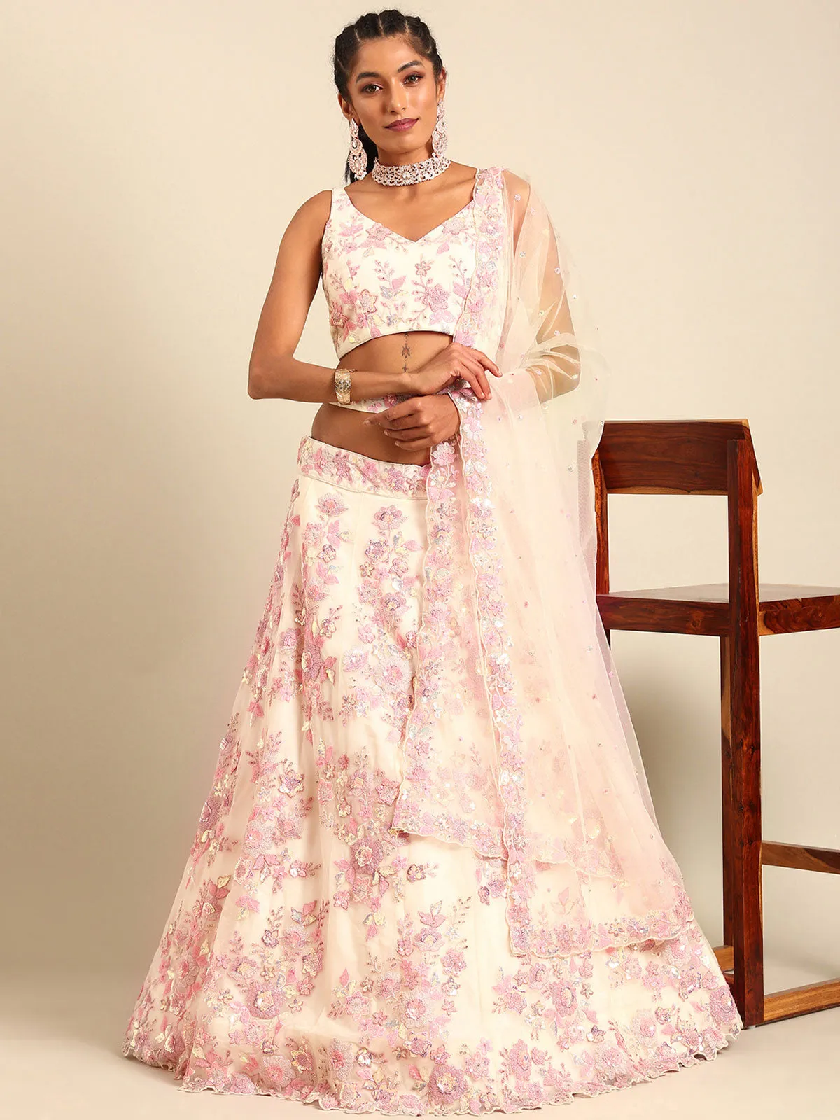 Cream Net Sequins with heavy Zarkan embroidery Semi-Stitched Lehenga choli & Dupatta