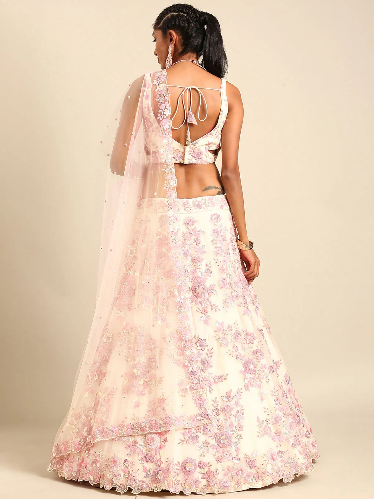 Cream Net Sequins with heavy Zarkan embroidery Semi-Stitched Lehenga choli & Dupatta