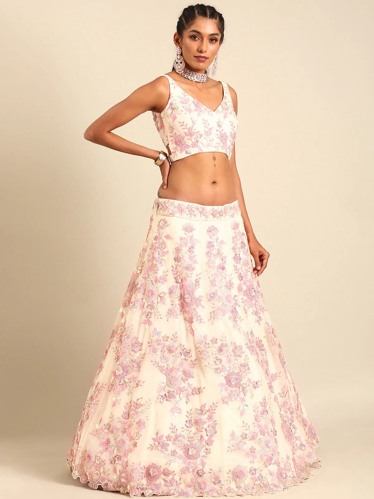 Cream Net Sequins with heavy Zarkan embroidery Semi-Stitched Lehenga choli & Dupatta