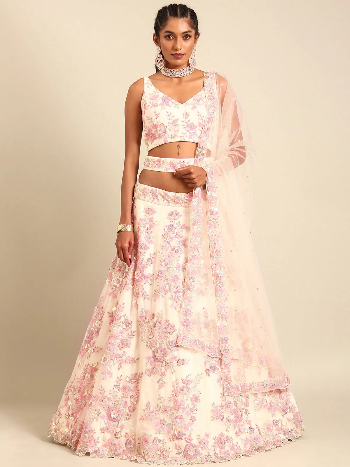 Cream Net Sequins with heavy Zarkan embroidery Semi-Stitched Lehenga choli & Dupatta