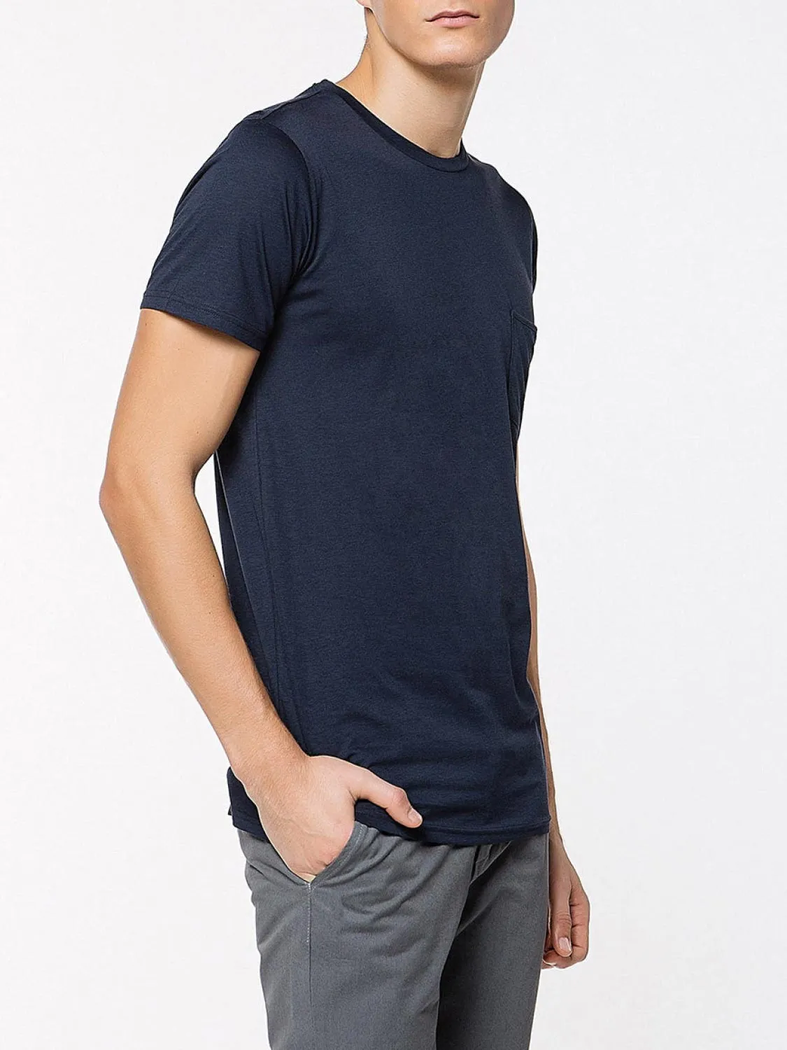 Crew Neck Modal-Blend Pocket T-Shirt Navy Blue