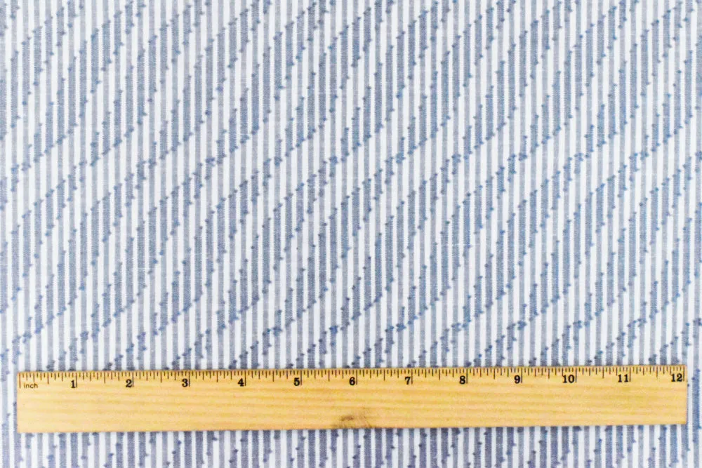 Dusty Blue-White Wave Jacquard Stripe Cotton Shirting Fabric