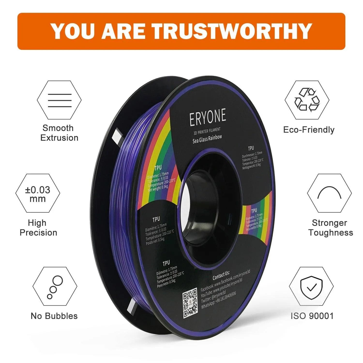 ERYONE TPU Rainbow Flexible Filament 0.5kg 500g 1.75mm ±0.05mm for FDM 3D Printer Make Multi Colour Bendy Models