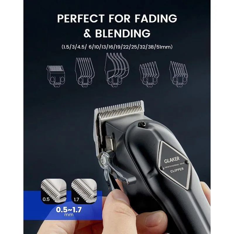 Glaker K11S Barber Clipper Hair Cutting Kit with 15 Guide Combs for Haircut, Trimming & Grooming - Black - K11S