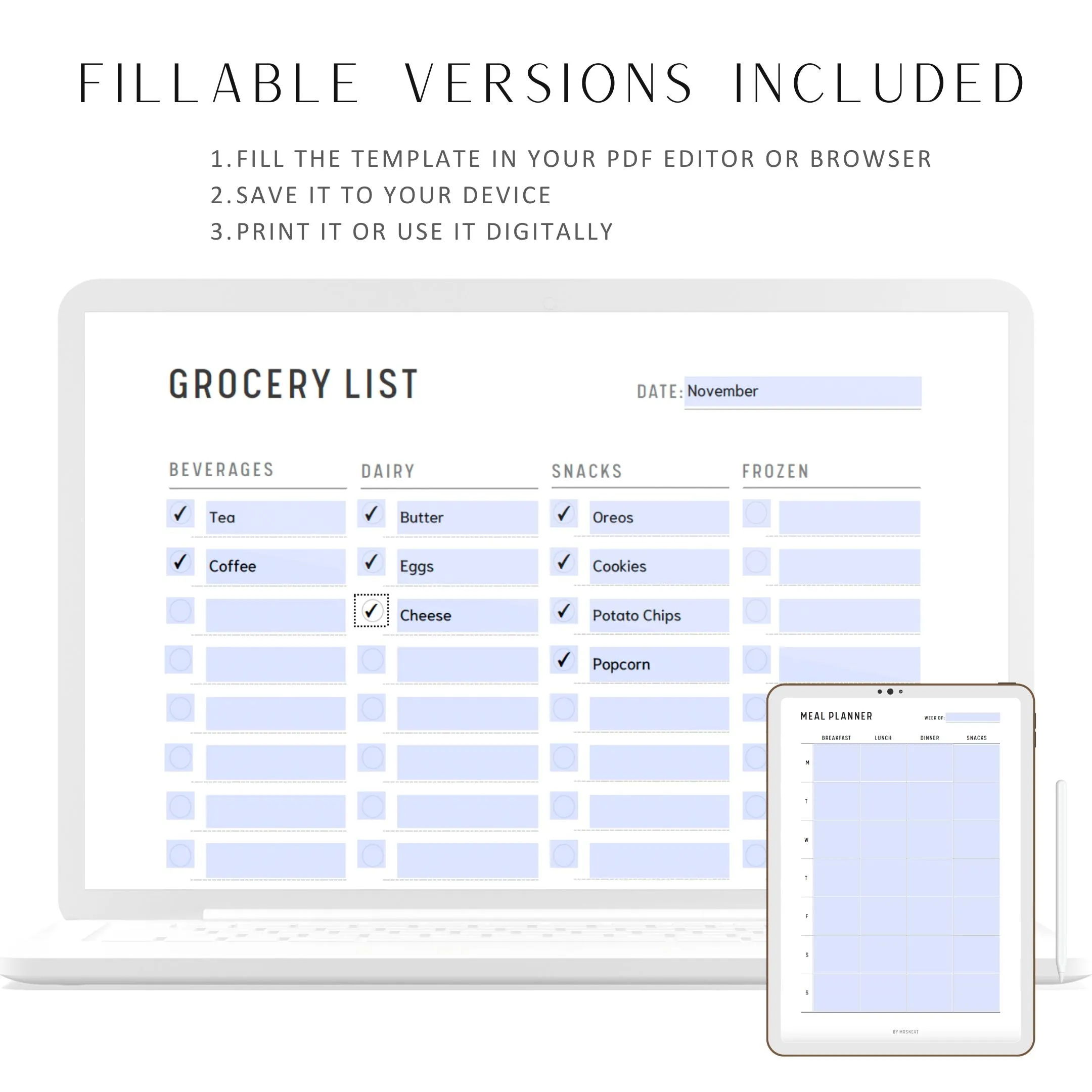 Grocery List and Weekly Meal Planner Printable - M113/4