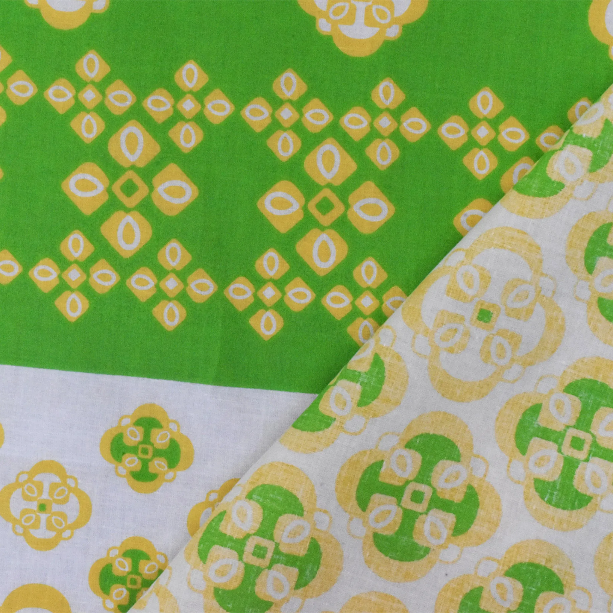 Ivory-Yellow-Green Striped Quatrefoil Printed Cotton Voile Woven Fabric