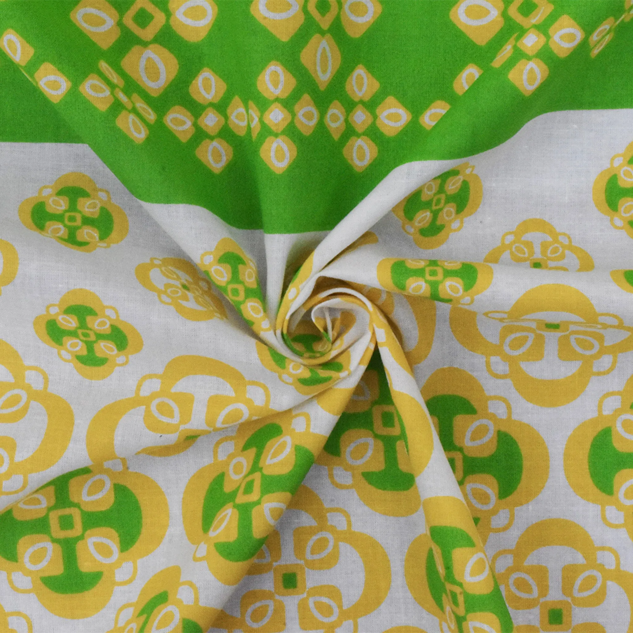 Ivory-Yellow-Green Striped Quatrefoil Printed Cotton Voile Woven Fabric