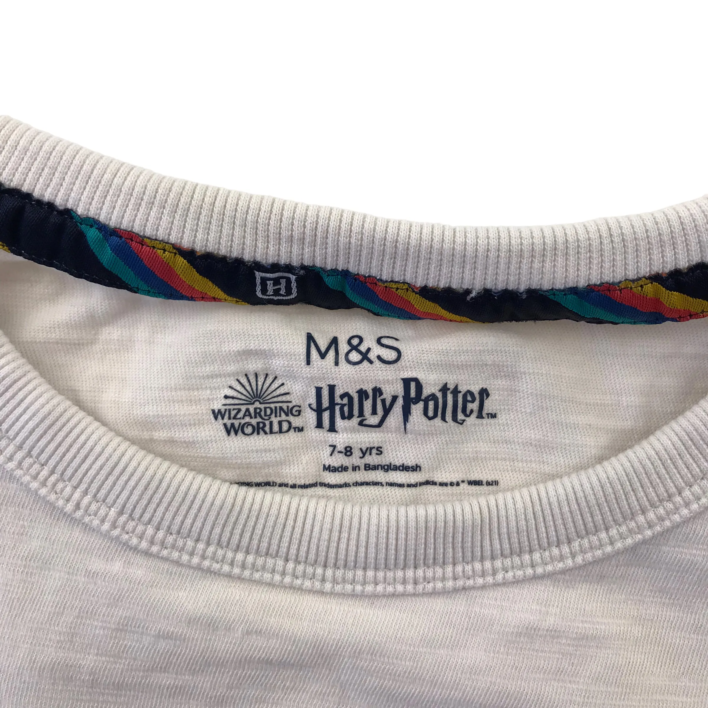 M&S t-shirt 7-8 years white Hogwarts coat of arms short sleeve cotton