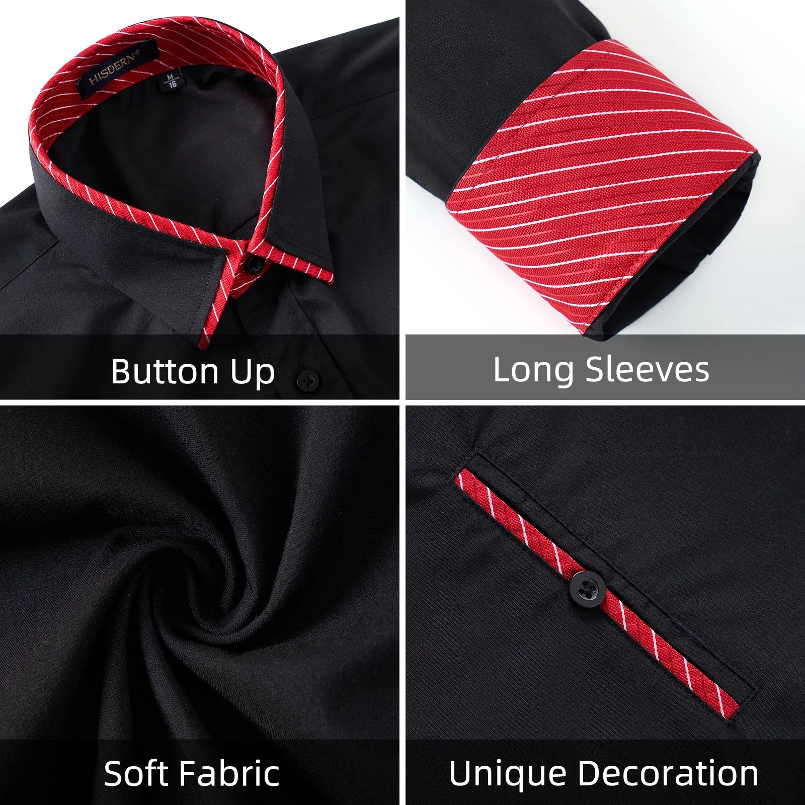 Men's Black Dress Shirt with Contrast Red Cuff - Z-BLACK RED/STRIPE