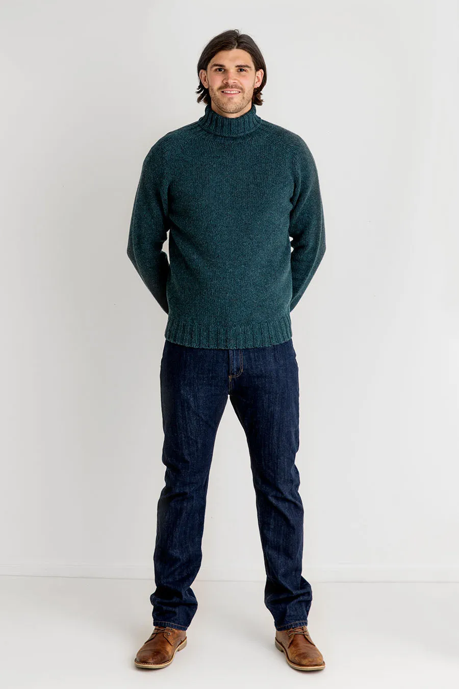 Mens Chunky Geelong Superfine Lambs wool Polo Neck Jumper - Teal