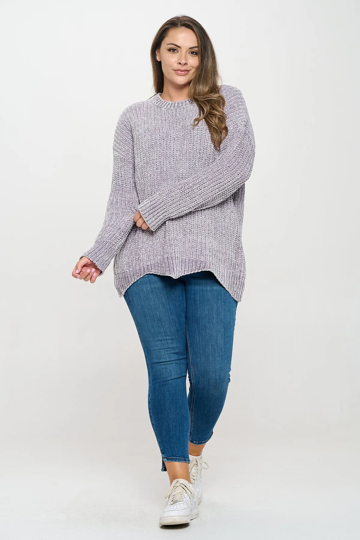 PLUS SIZE CHUNKY CHENILLE KNIT SCALLOPED HEM SWEATER 3-3