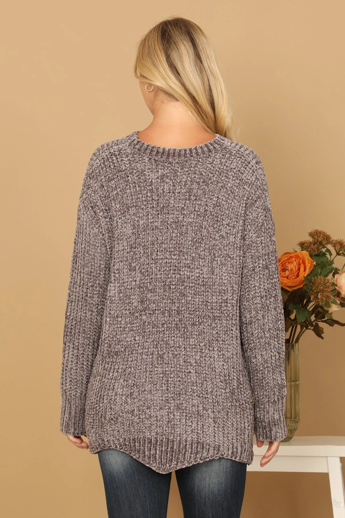 PLUS SIZE CHUNKY CHENILLE KNIT SCALLOPED HEM SWEATER 3-3