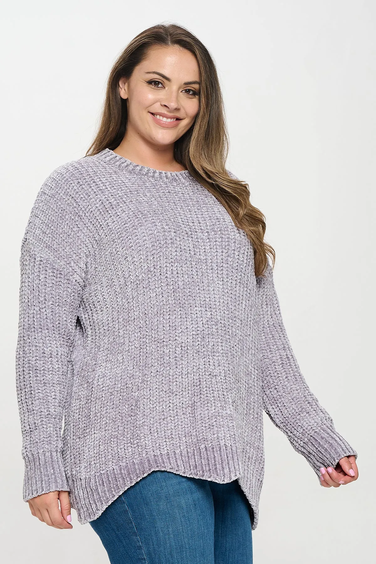 PLUS SIZE CHUNKY CHENILLE KNIT SCALLOPED HEM SWEATER 3-3