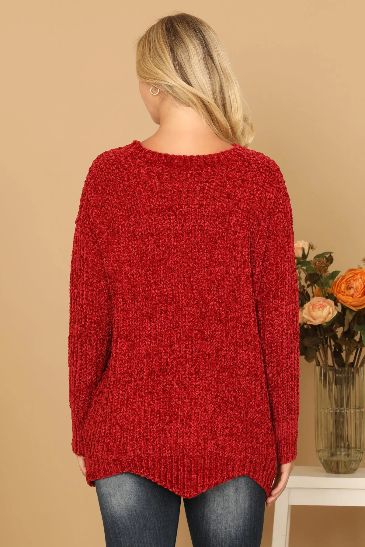 PLUS SIZE CHUNKY CHENILLE KNIT SCALLOPED HEM SWEATER 3-3