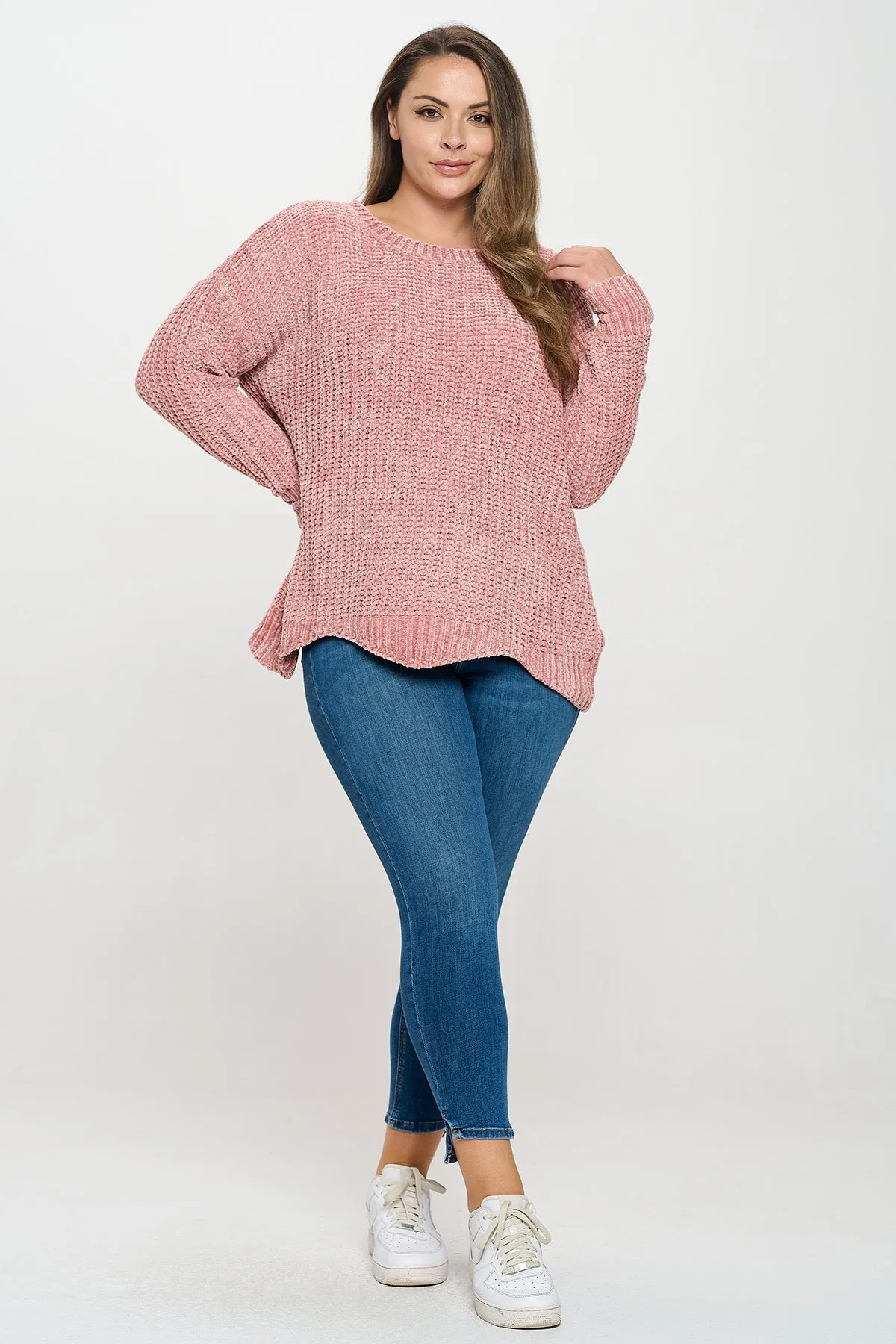 PLUS SIZE CHUNKY CHENILLE KNIT SCALLOPED HEM SWEATER 3-3