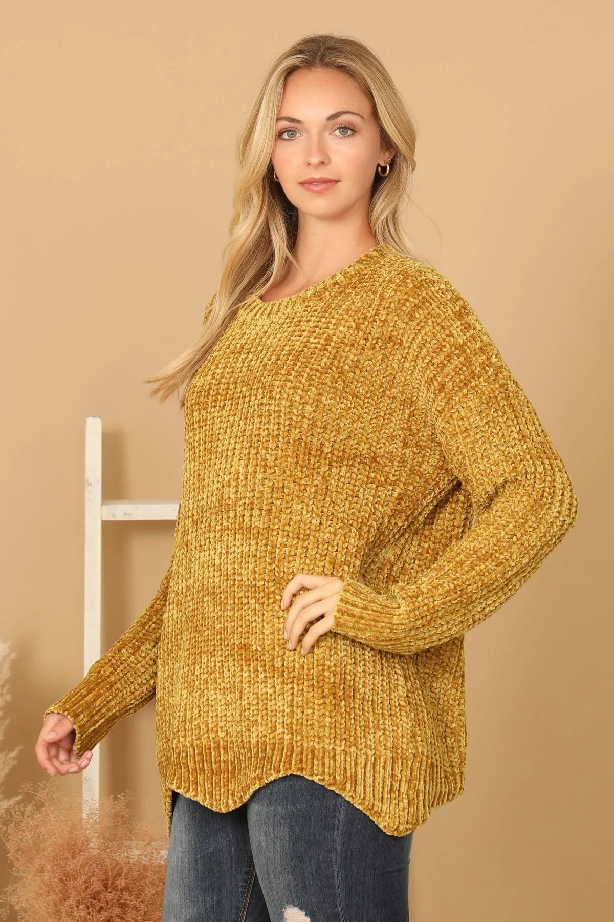 PLUS SIZE CHUNKY CHENILLE KNIT SCALLOPED HEM SWEATER 3-3