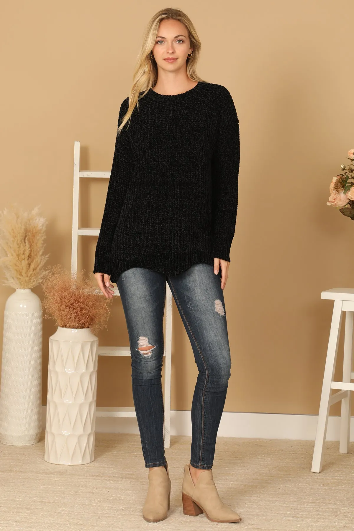 PLUS SIZE CHUNKY CHENILLE KNIT SCALLOPED HEM SWEATER 3-3