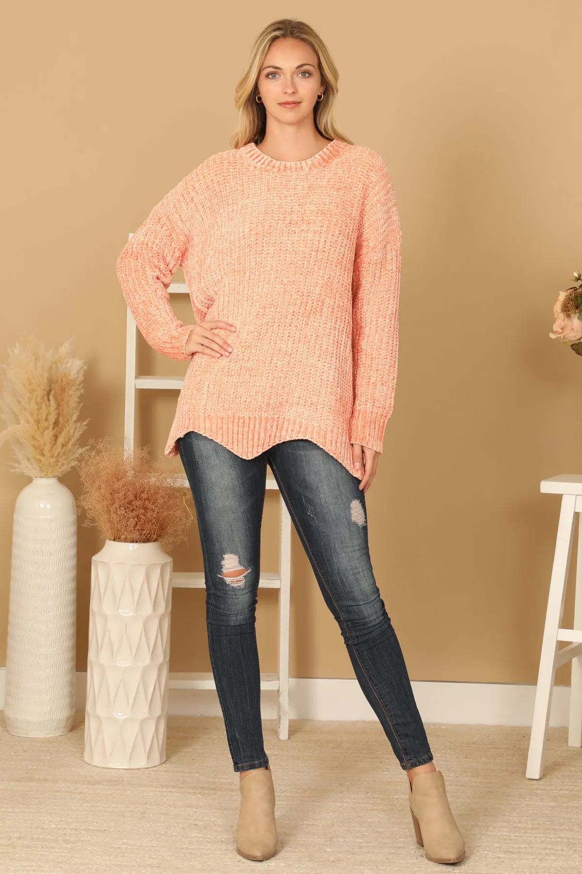 PLUS SIZE CHUNKY CHENILLE KNIT SCALLOPED HEM SWEATER 3-3