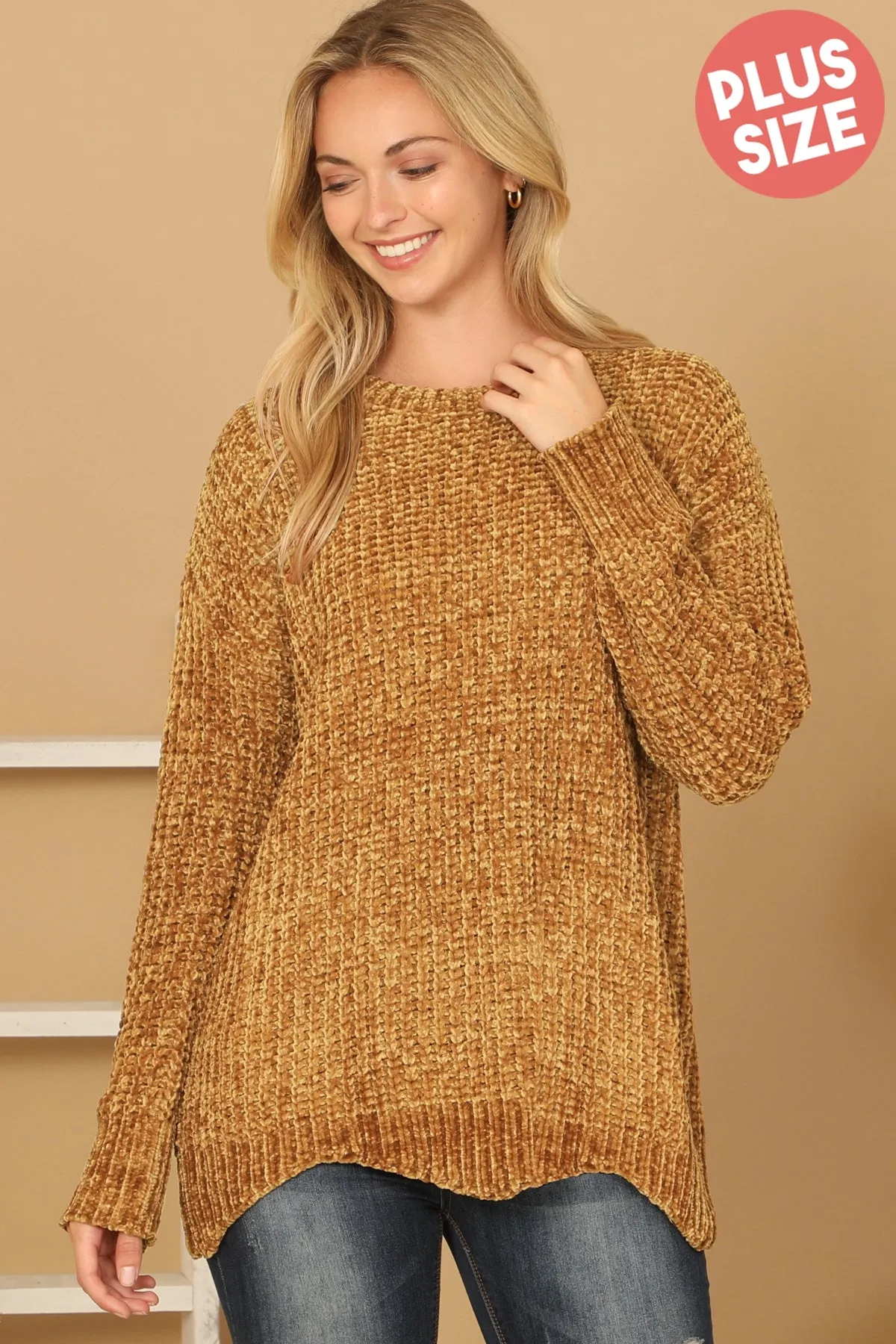 PLUS SIZE CHUNKY CHENILLE KNIT SCALLOPED HEM SWEATER 3-3