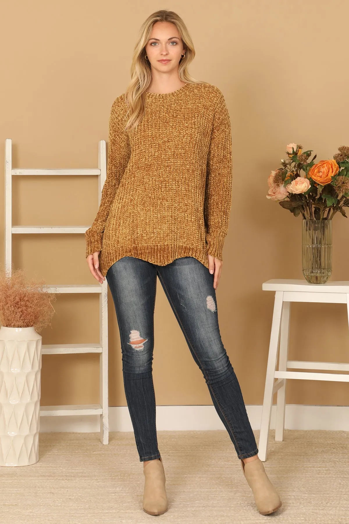 PLUS SIZE CHUNKY CHENILLE KNIT SCALLOPED HEM SWEATER 3-3