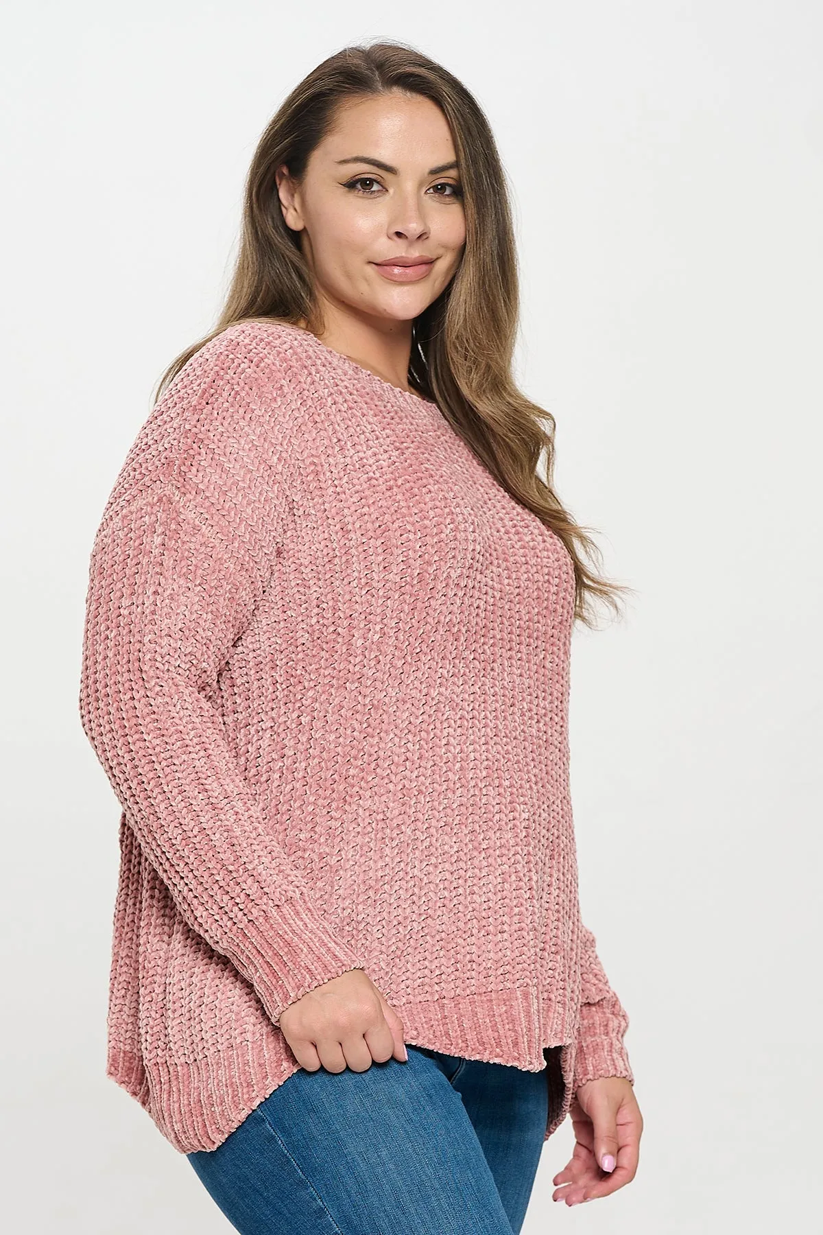 PLUS SIZE CHUNKY CHENILLE KNIT SCALLOPED HEM SWEATER 3-3