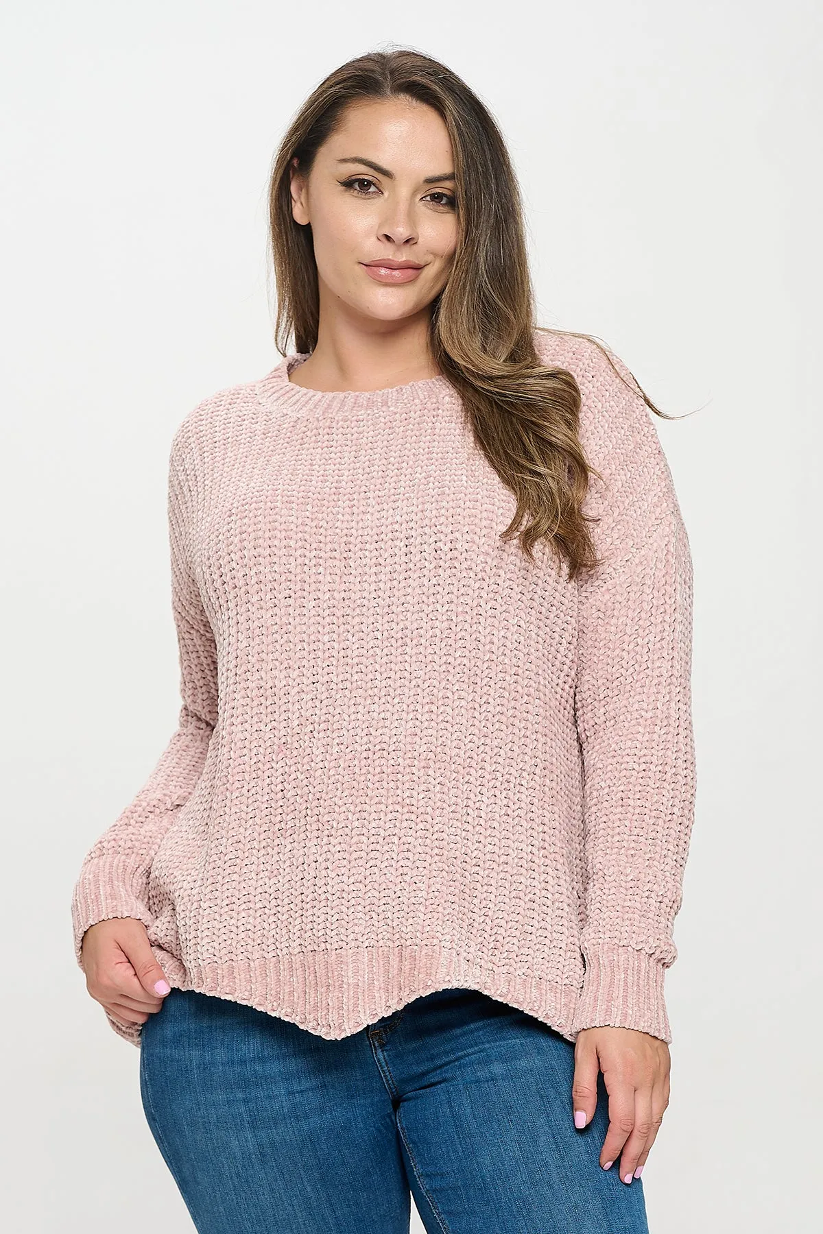 PLUS SIZE CHUNKY CHENILLE KNIT SCALLOPED HEM SWEATER 3-3