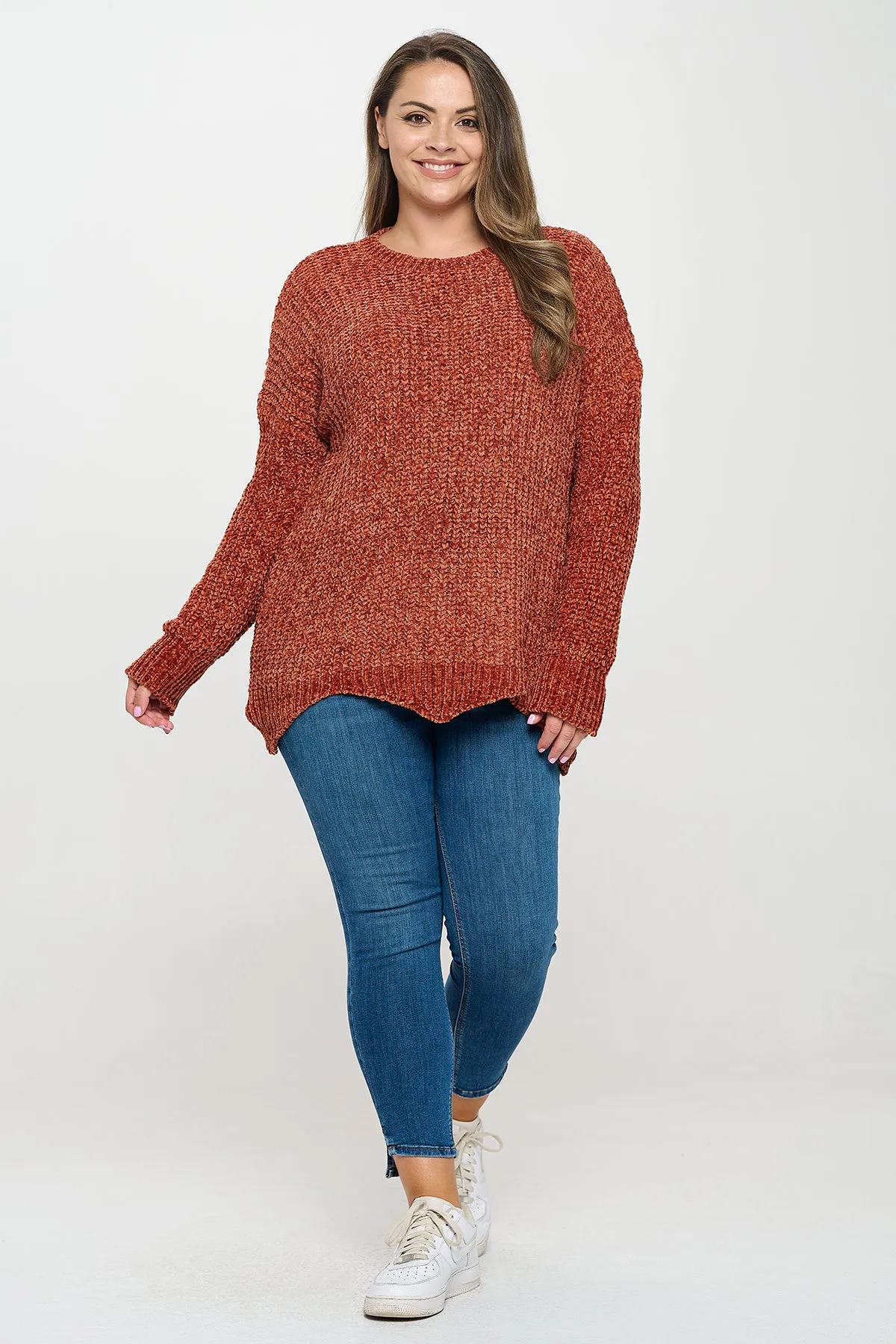 PLUS SIZE CHUNKY CHENILLE KNIT SCALLOPED HEM SWEATER 3-3