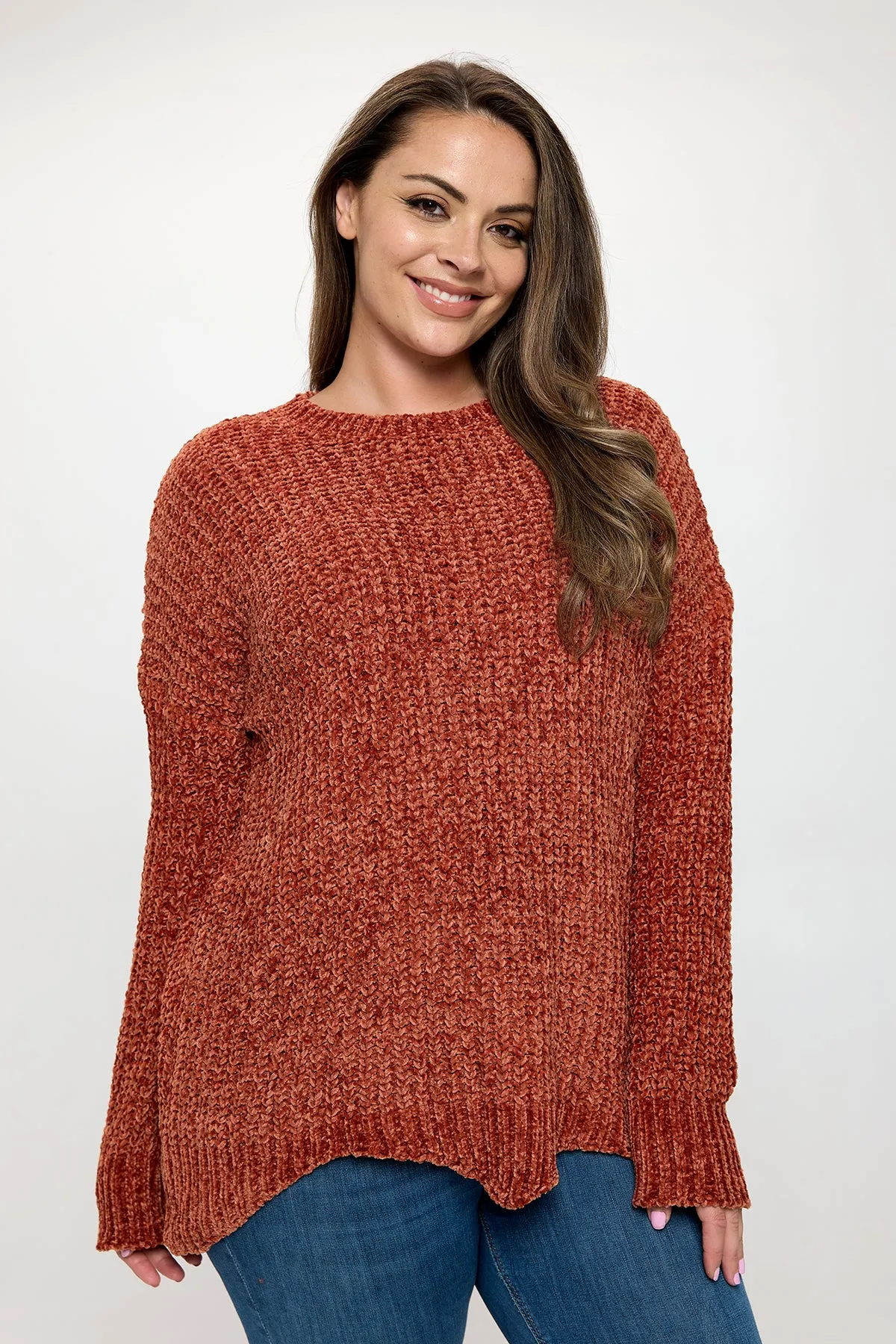 PLUS SIZE CHUNKY CHENILLE KNIT SCALLOPED HEM SWEATER 3-3