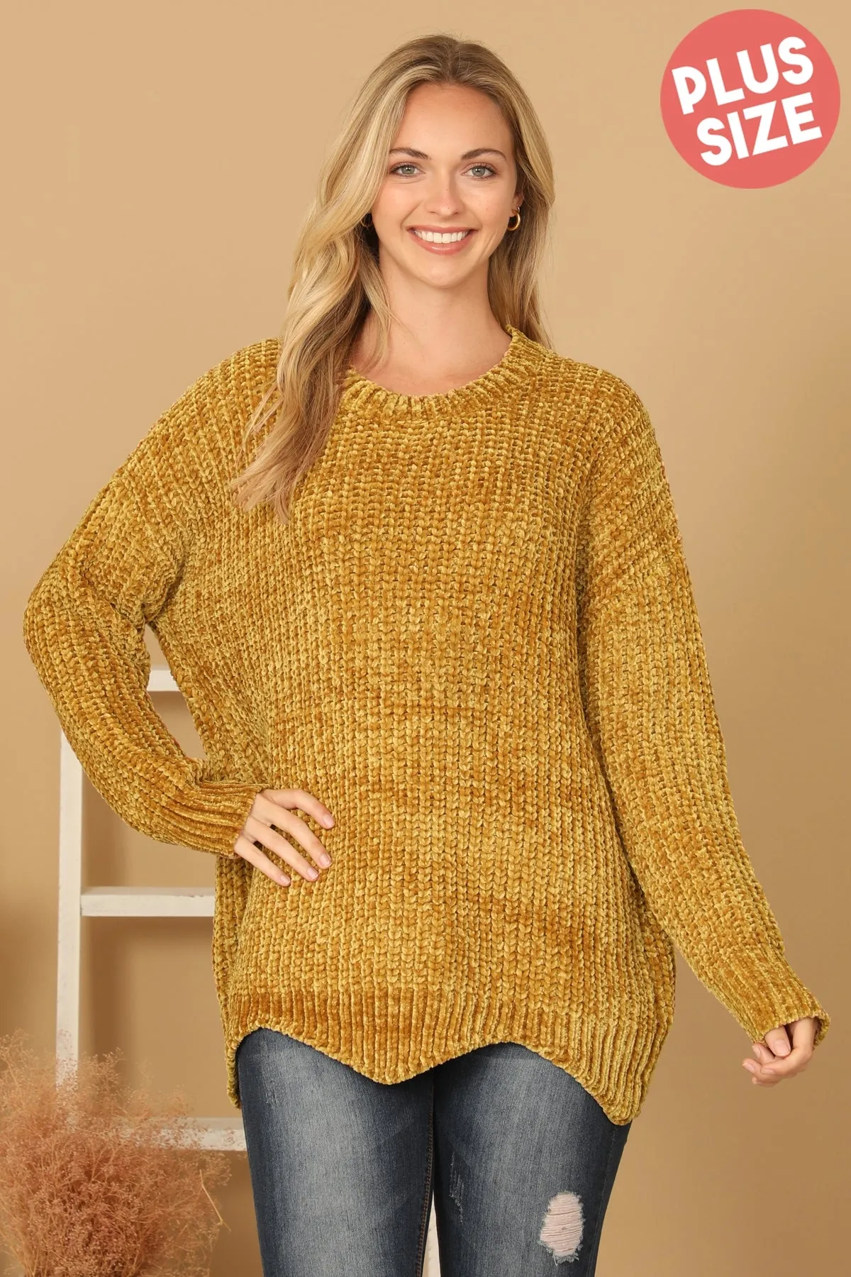 PLUS SIZE CHUNKY CHENILLE KNIT SCALLOPED HEM SWEATER 3-3