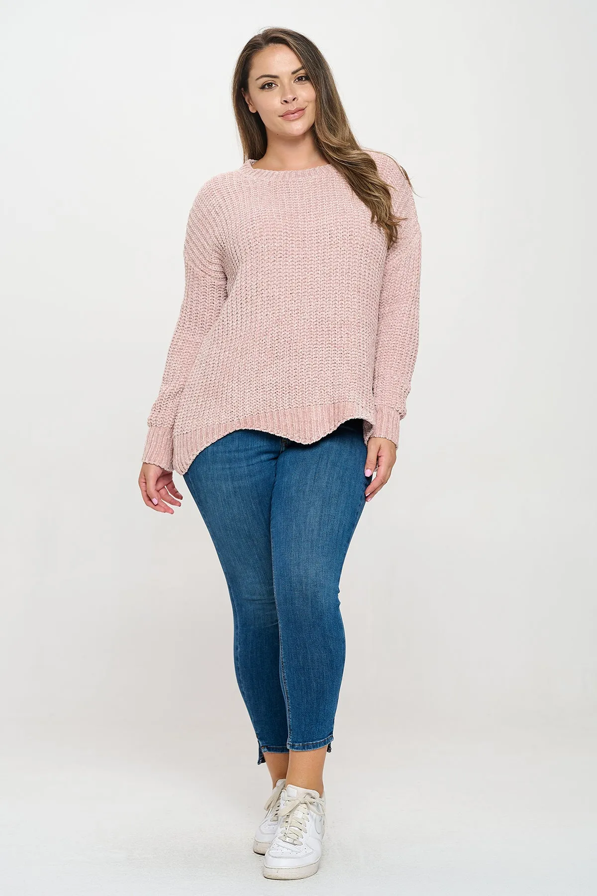 PLUS SIZE CHUNKY CHENILLE KNIT SCALLOPED HEM SWEATER 3-3