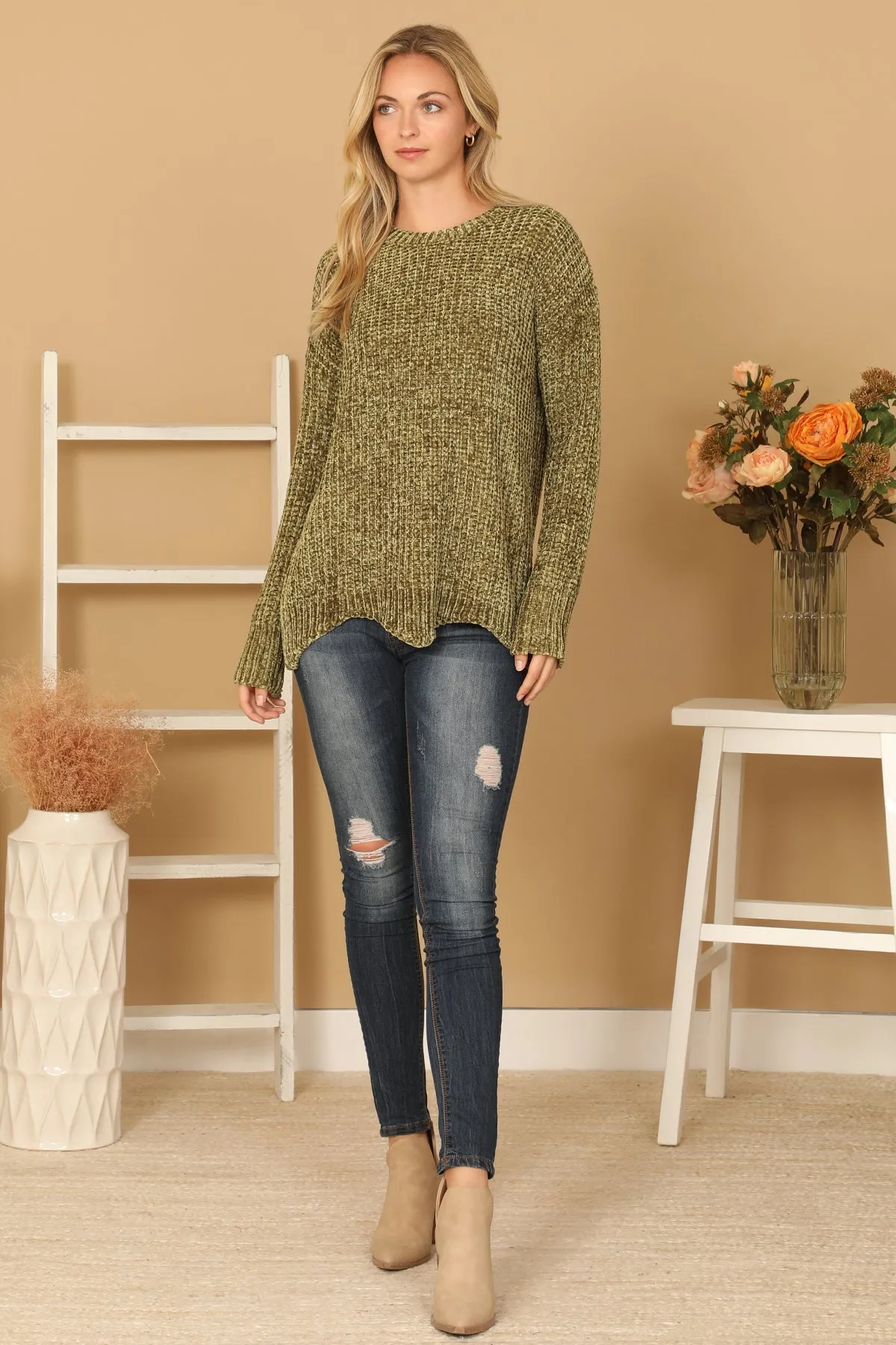 PLUS SIZE CHUNKY CHENILLE KNIT SCALLOPED HEM SWEATER 3-3