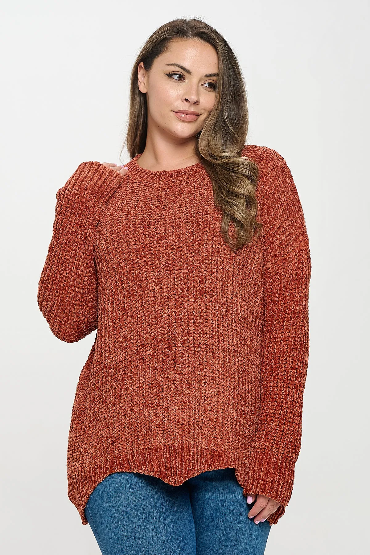 PLUS SIZE CHUNKY CHENILLE KNIT SCALLOPED HEM SWEATER 3-3