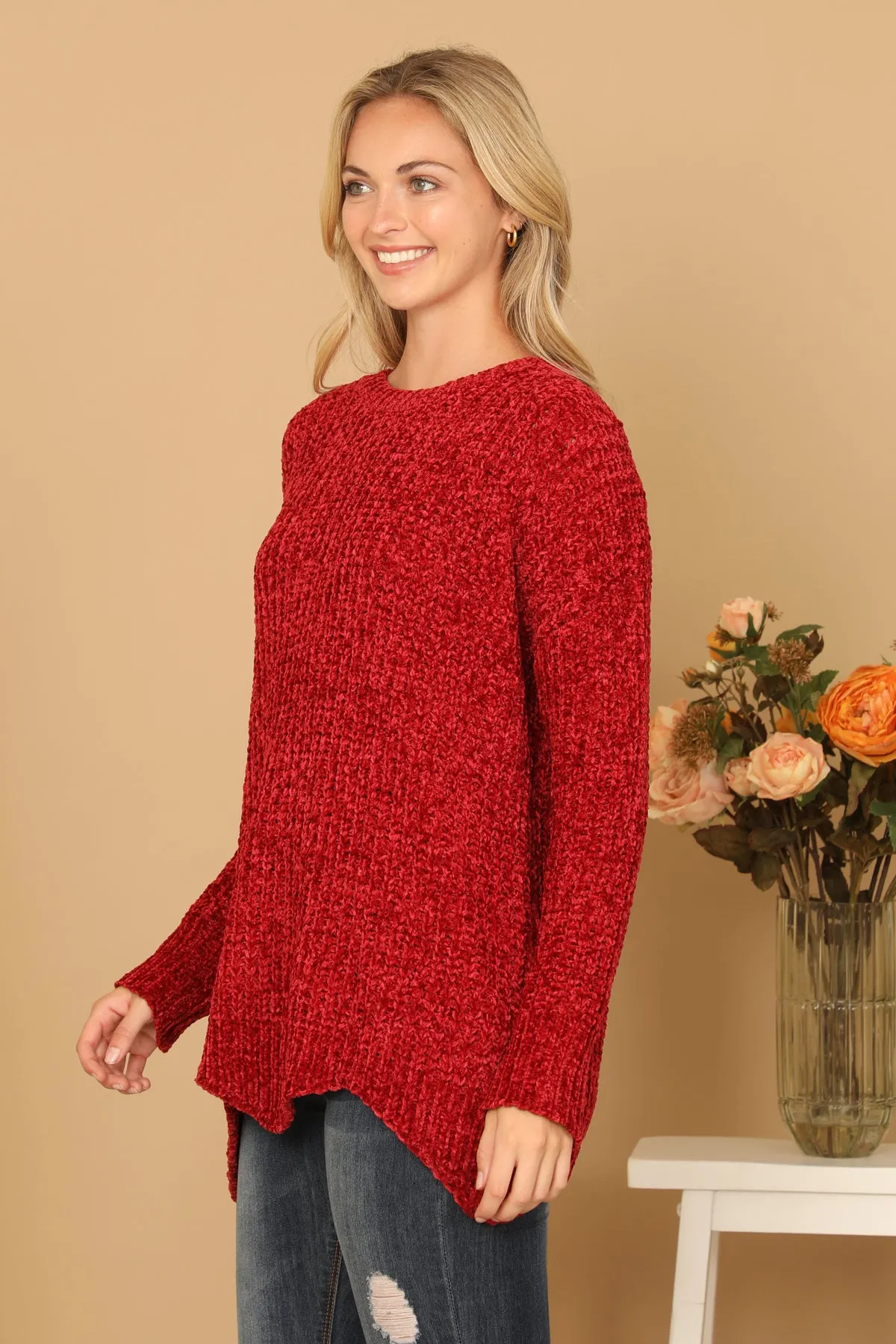 PLUS SIZE CHUNKY CHENILLE KNIT SCALLOPED HEM SWEATER 3-3