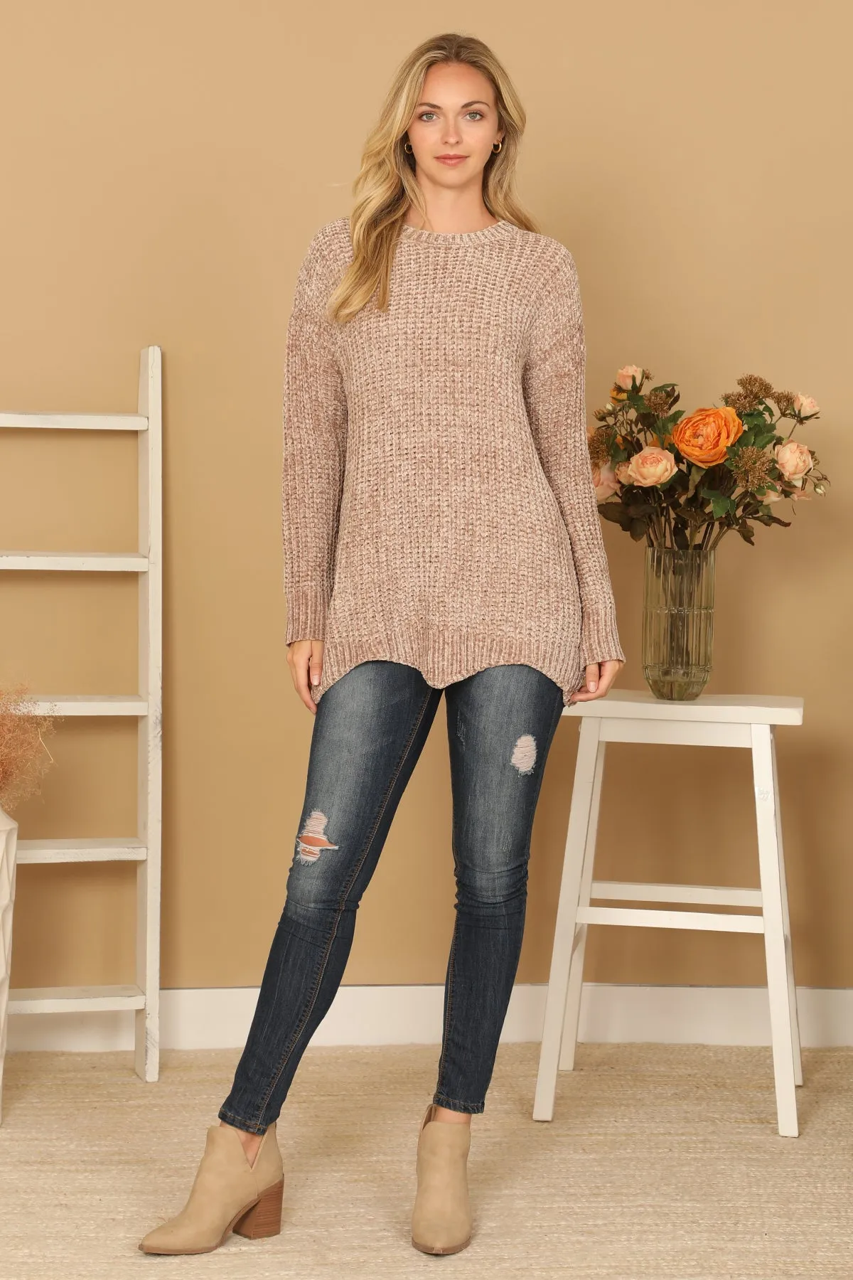 PLUS SIZE CHUNKY CHENILLE KNIT SCALLOPED HEM SWEATER 3-3