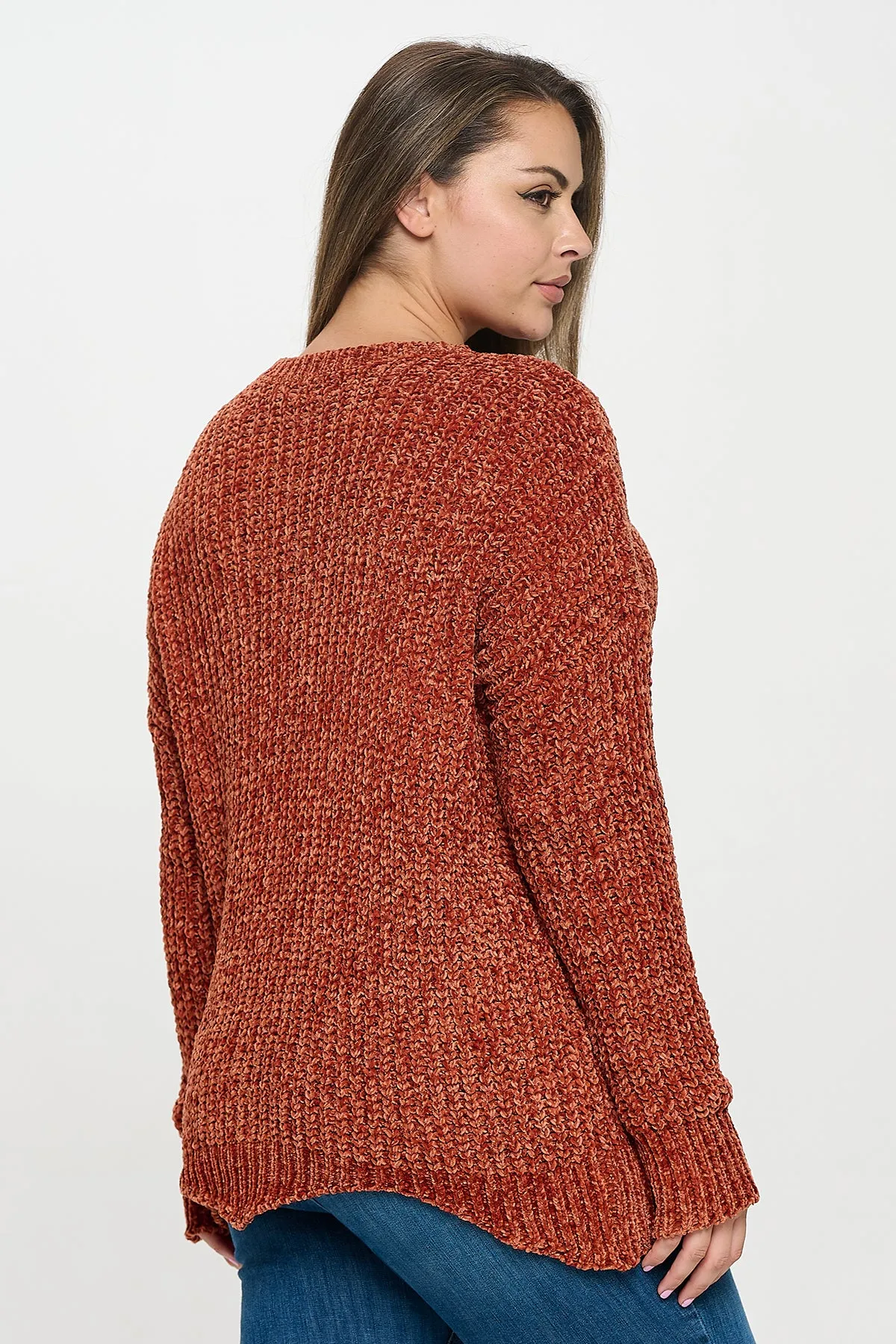 PLUS SIZE CHUNKY CHENILLE KNIT SCALLOPED HEM SWEATER 3-3