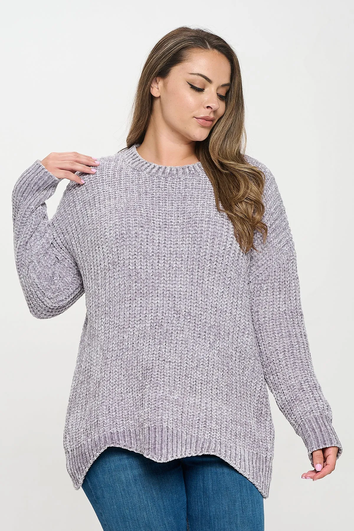 PLUS SIZE CHUNKY CHENILLE KNIT SCALLOPED HEM SWEATER 3-3