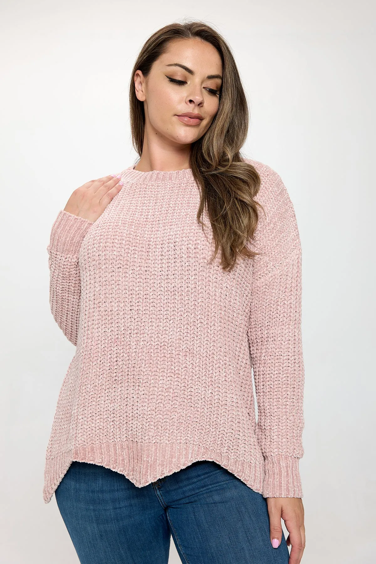 PLUS SIZE CHUNKY CHENILLE KNIT SCALLOPED HEM SWEATER 3-3