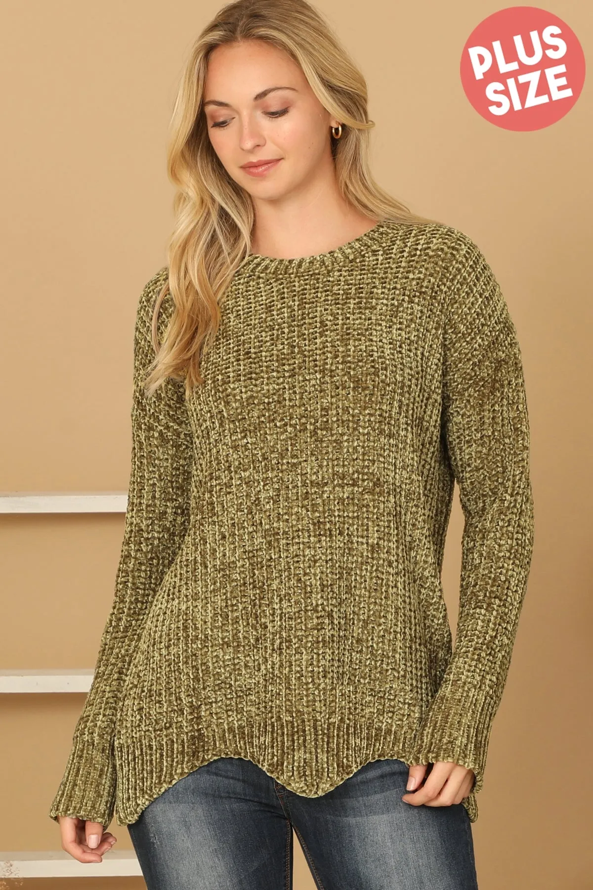 PLUS SIZE CHUNKY CHENILLE KNIT SCALLOPED HEM SWEATER 3-3