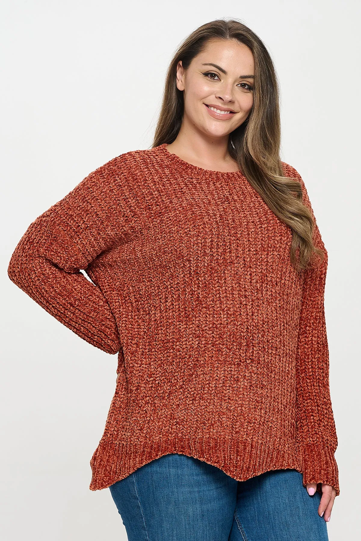 PLUS SIZE CHUNKY CHENILLE KNIT SCALLOPED HEM SWEATER 3-3