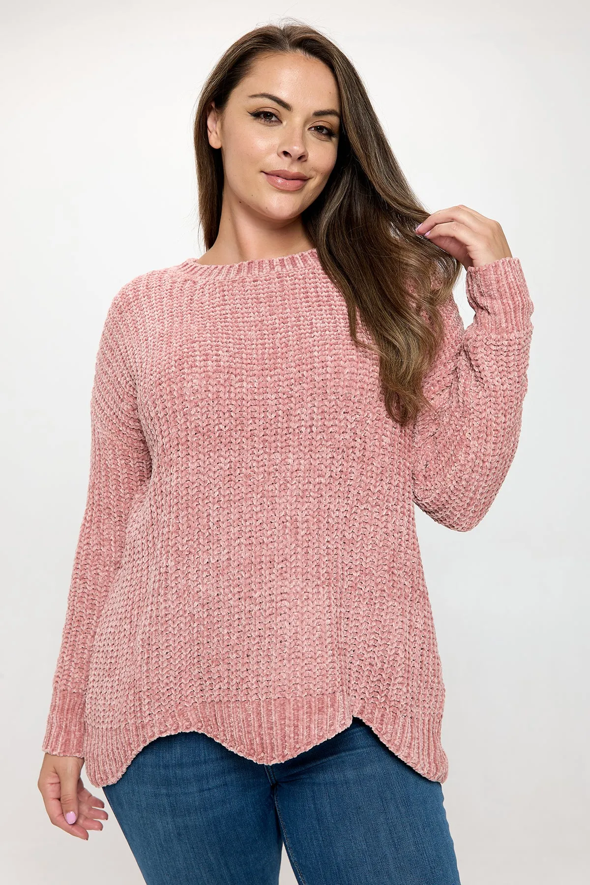 PLUS SIZE CHUNKY CHENILLE KNIT SCALLOPED HEM SWEATER 3-3