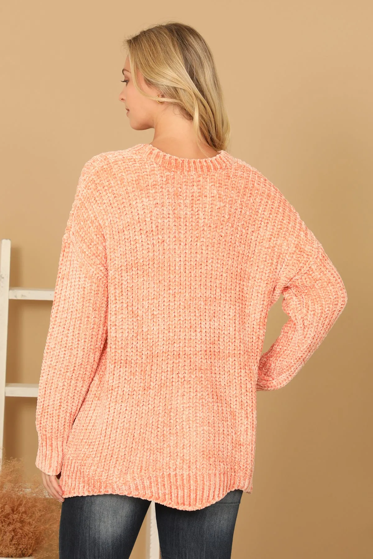 PLUS SIZE CHUNKY CHENILLE KNIT SCALLOPED HEM SWEATER 3-3