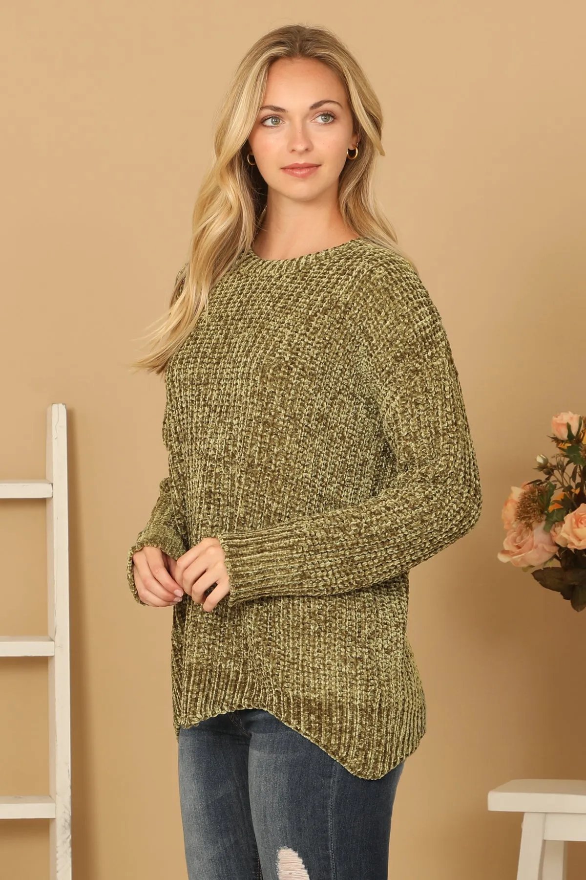 PLUS SIZE CHUNKY CHENILLE KNIT SCALLOPED HEM SWEATER 3-3