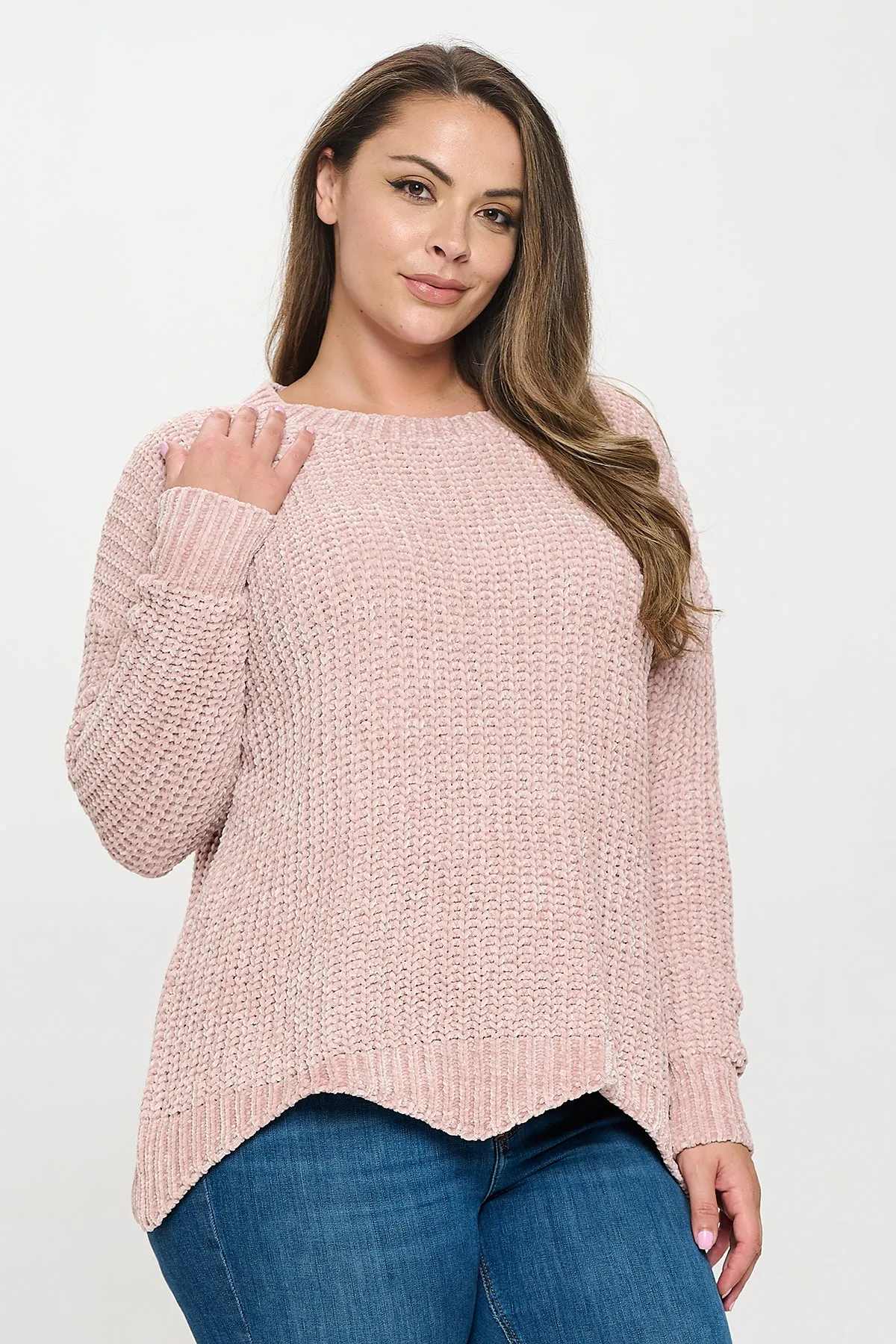 PLUS SIZE CHUNKY CHENILLE KNIT SCALLOPED HEM SWEATER 3-3