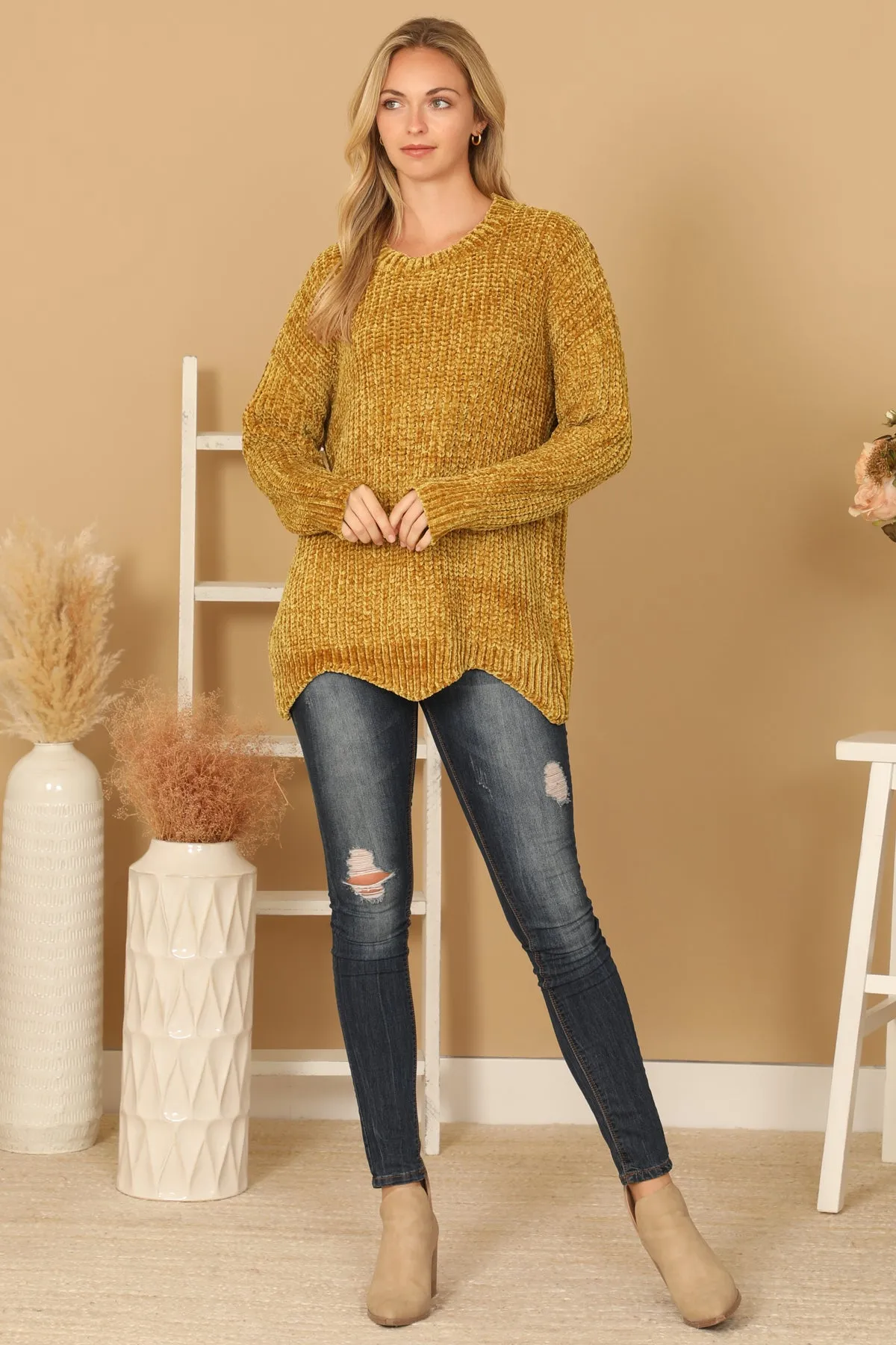 PLUS SIZE CHUNKY CHENILLE KNIT SCALLOPED HEM SWEATER 3-3